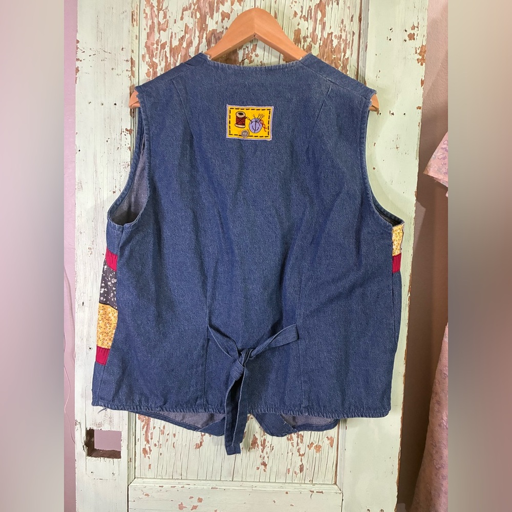 Patchwork Denim Vest With Sewing Theme - image 2